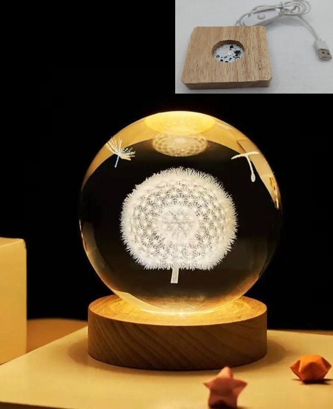 Dekoratif Ahşap Kare Altlıklı Karahindiba Işıklı Cam Küre (6 cm)