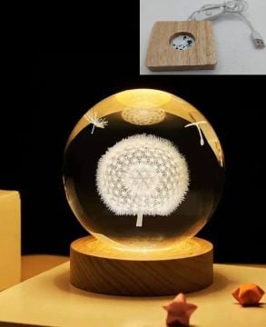 Dekoratif Ahşap Kare Altlıklı Karahindiba Işıklı Cam Küre (6 cm)