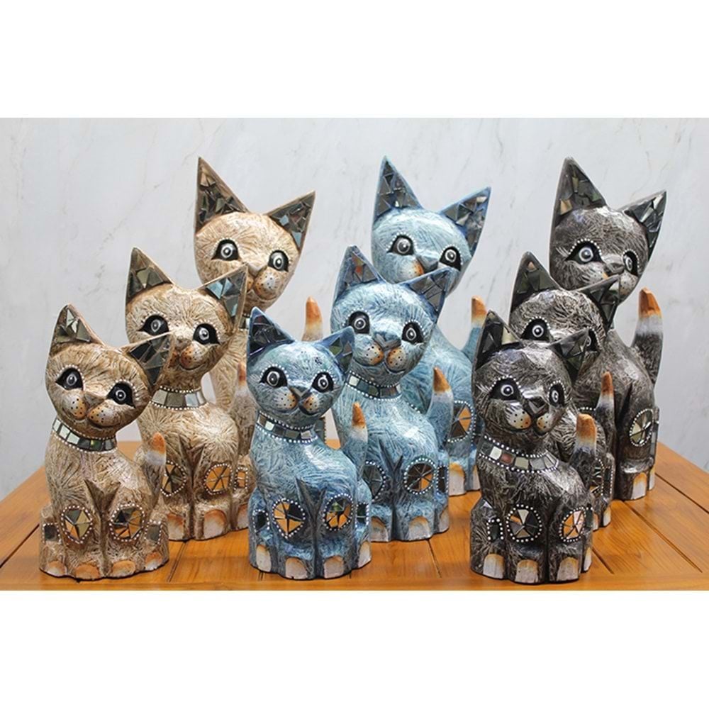 Ahşap Taşlı Dekorlu Kedi Bibloları 3'lü(25-30-40cm)