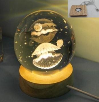 Dekoratif Ahşap Kare Altlıklı İstiridye Işıklı Cam Küre (6 cm)