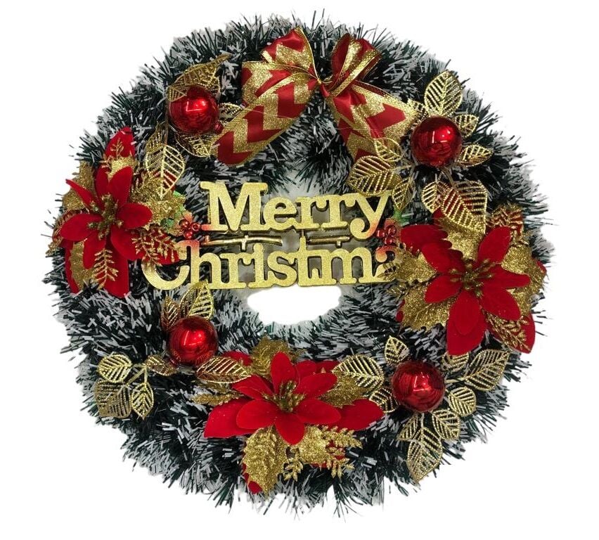Mery Christmas Kırmızı Toplu Çiçekli Yılbaşı Kapı Süsü (37 cm)