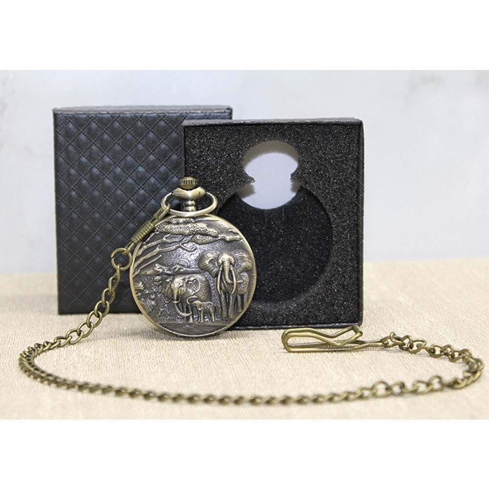 Kutulu Fil Desenli Köstekli Cep Saati