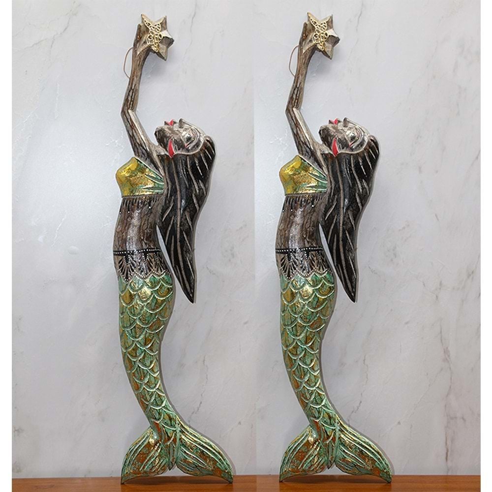 Dekoratif Yeşil Deniz Kızı Tasarımlı Ahşap Duvar Süsü (57 cm)