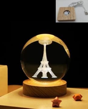 Dekoratif Ahşap Kare Altlıklı Eyfel Kulesi Işıklı Cam Küre (6 cm)