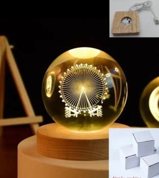 Dekoratif Ahşap Kare Altlıklı Dönme Dolap Işıklı Cam Küre (6 cm)