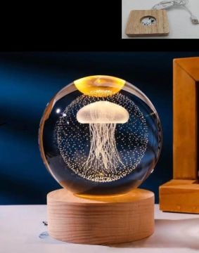 Dekoratif Ahşap Kare Altlıklı Deniz Anası Işıklı Cam Küre (6 cm)