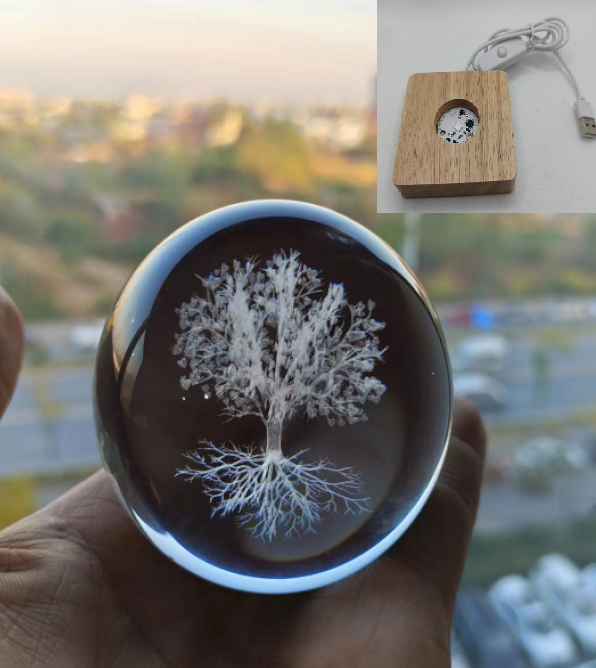 Dekoratif Ahşap Kare Altlıklı Ağaç Işıklı Cam Küre (6 cm)