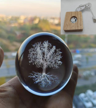 Dekoratif Ahşap Kare Altlıklı Ağaç Işıklı Cam Küre (6 cm)