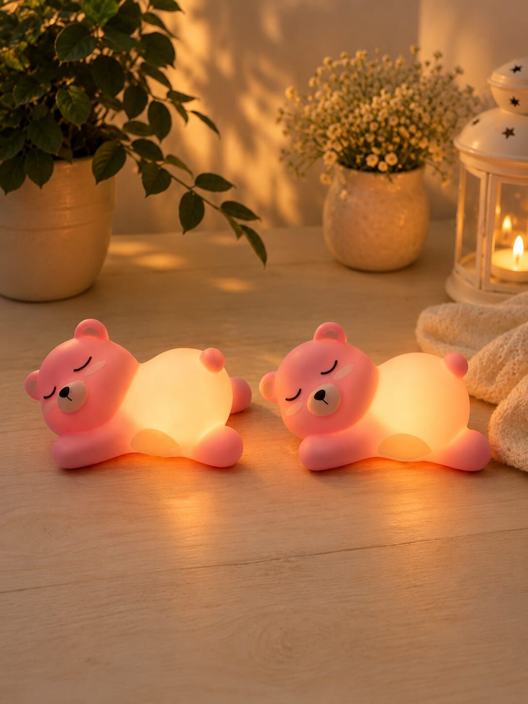 Yatan Pembe LED Işıklı Uyuyan Ayıcık Biblo