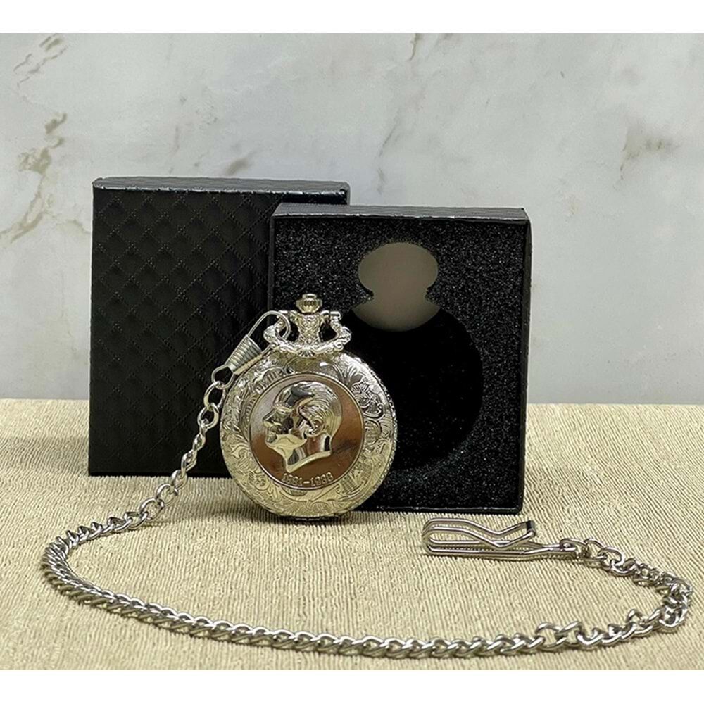 Kutulu Gümüş Atatürk Tasarımlı Köstekli Cep Saati