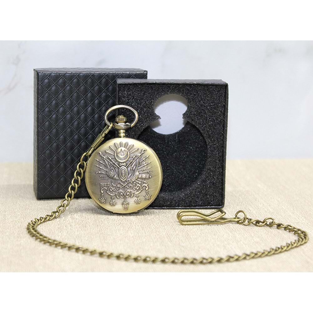 Kutulu Osmanlı Devlet Arması Tasarımlı Köstekli Cep Saati
