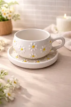 El Yapımı Seramik 2 Kişilik Kupa Fincan Takımı - Papatya