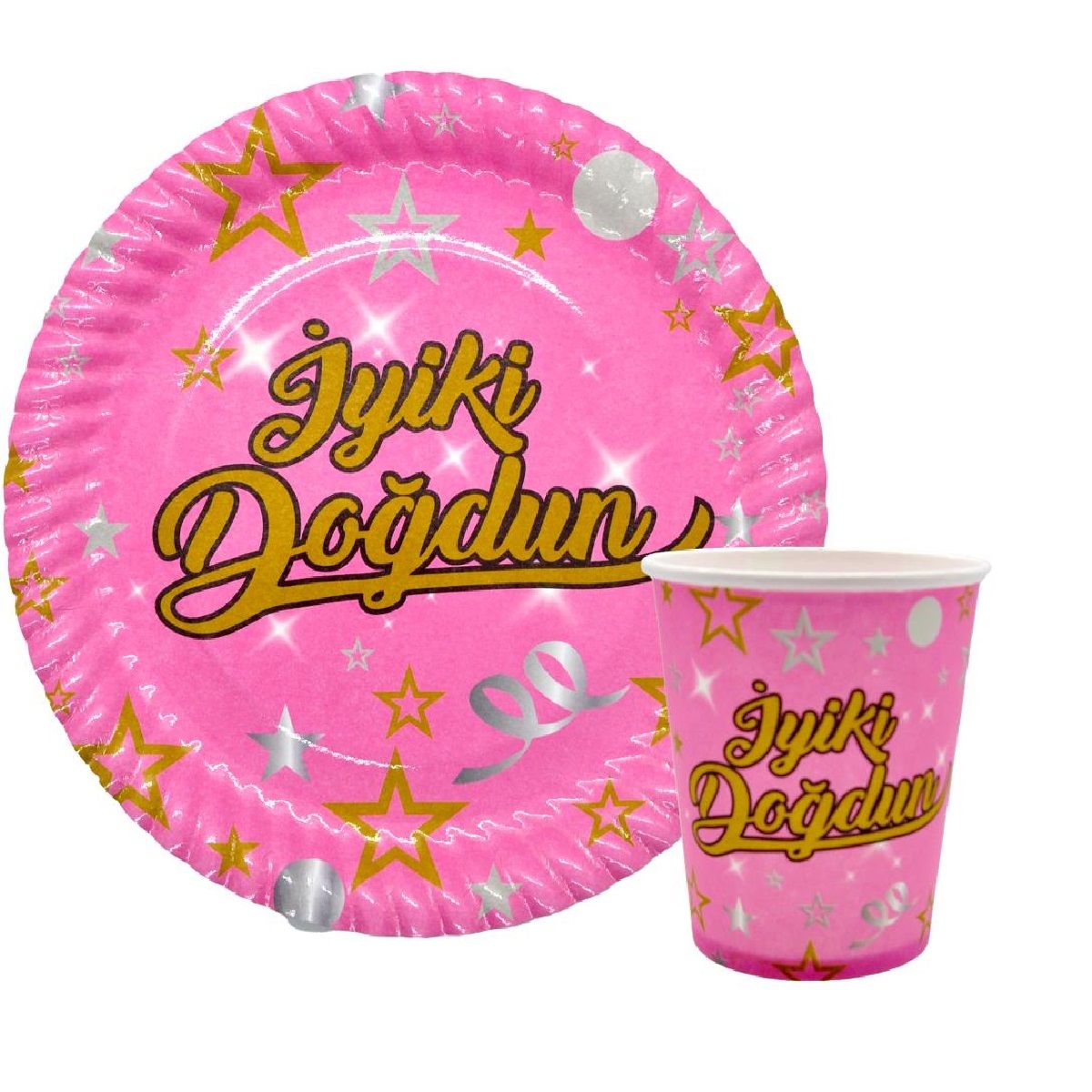 Pembe İyi Ki Doğdun Baskılı Karton Tabak ve Bardak (8 Adet)