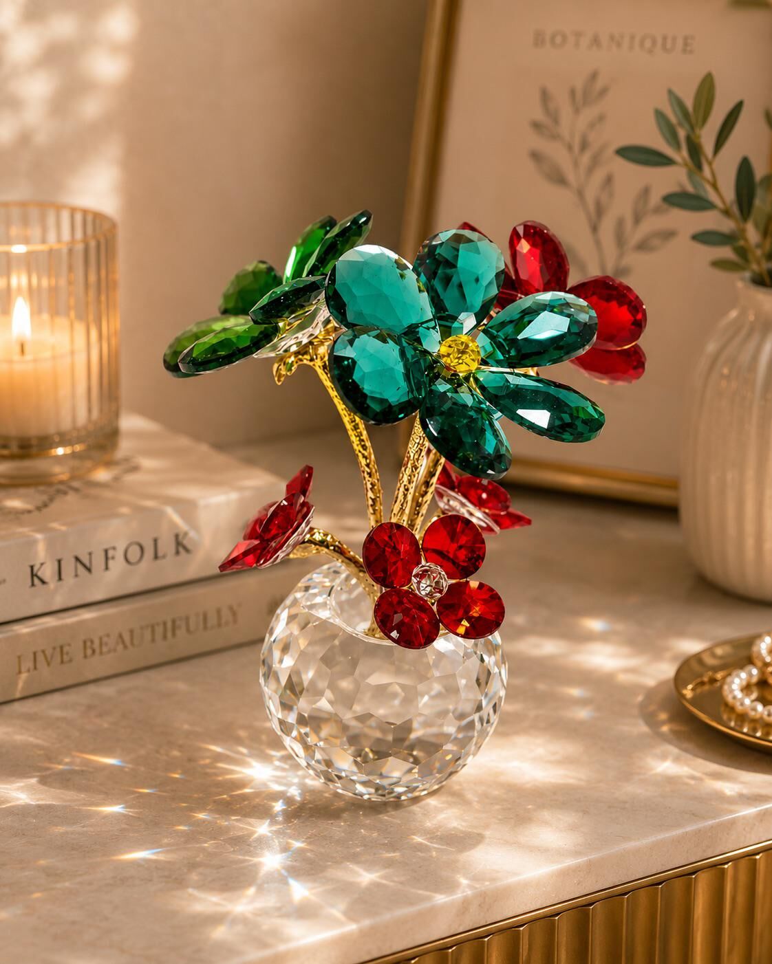 El Yapımı Kristal Kaideli Cam Çiçek Buketi (14cm)
