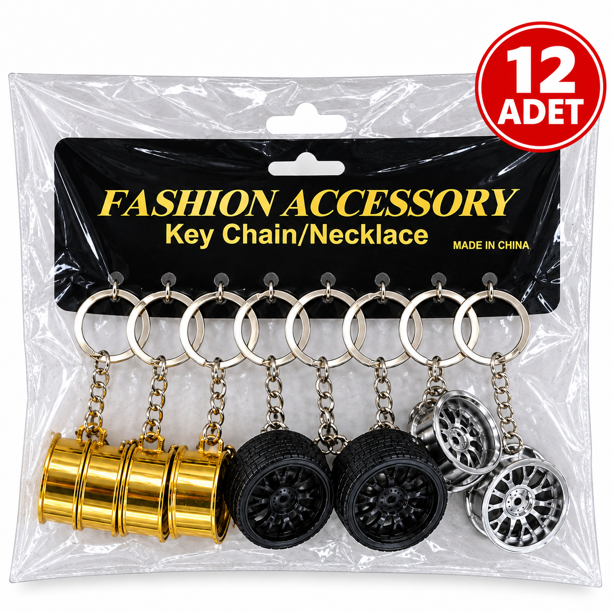 12'li Paket Karışık Renk Araba Jantı ve Lastik Figürlü Metal Anahtarlık