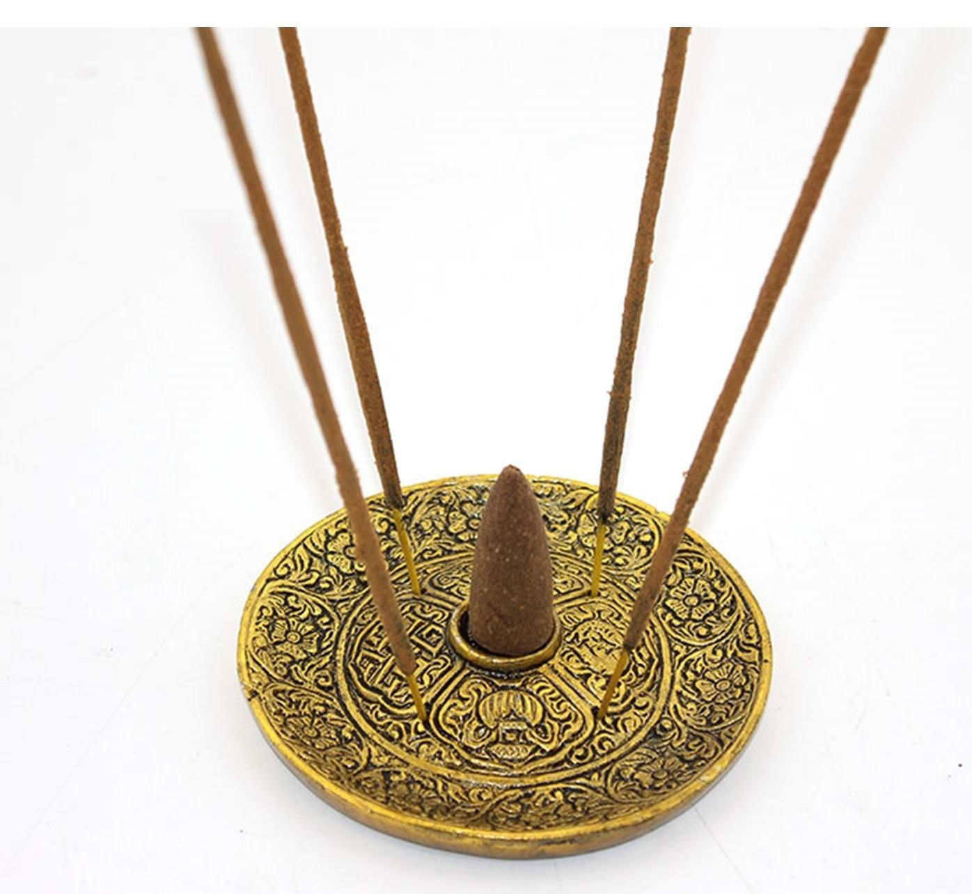 Dekoratif Metal Motif İşlemeli Gold Çubuk ve Konik Tütsülük