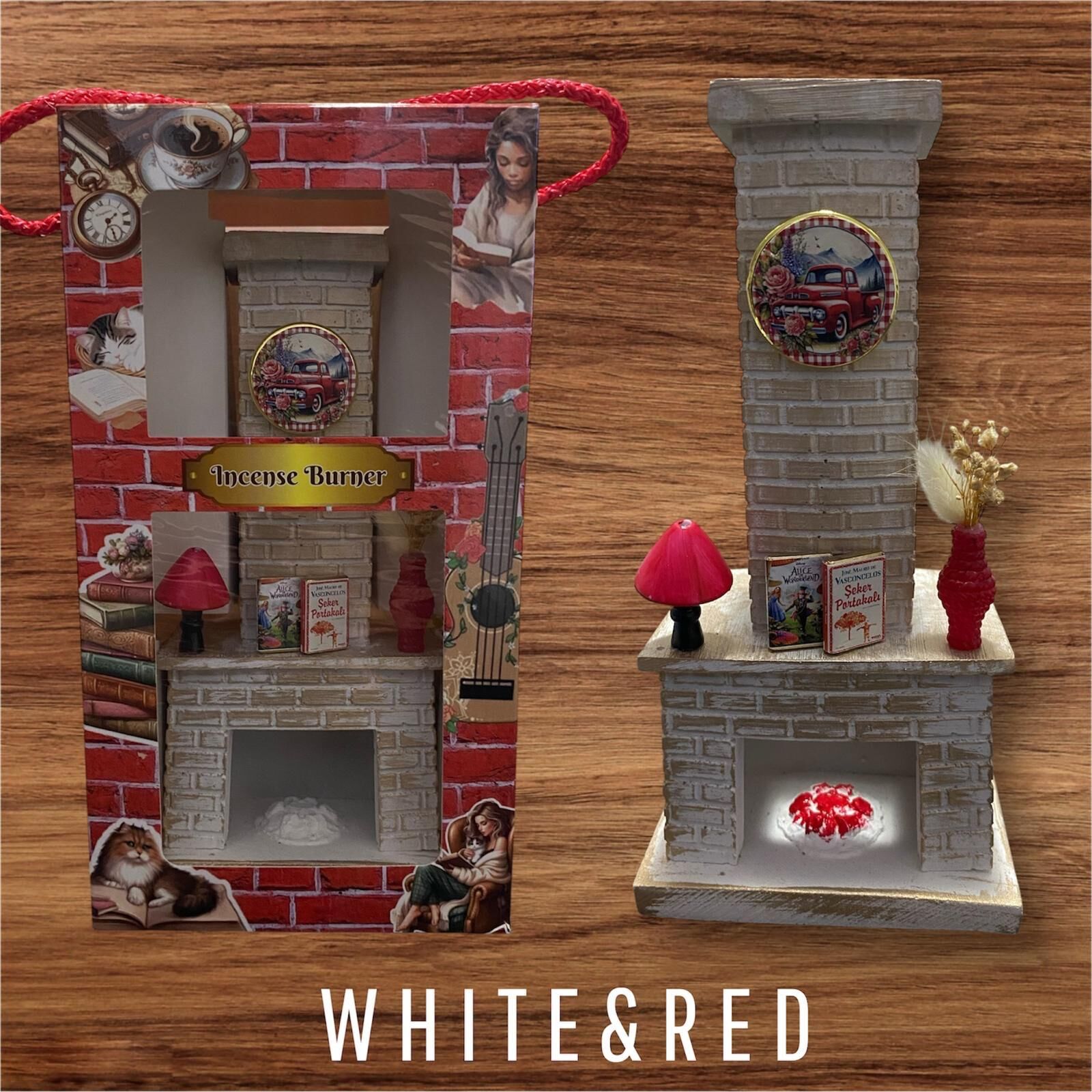 Dekoratif Polyester Şömine Tasarımlı Konik Tütsülük White Red